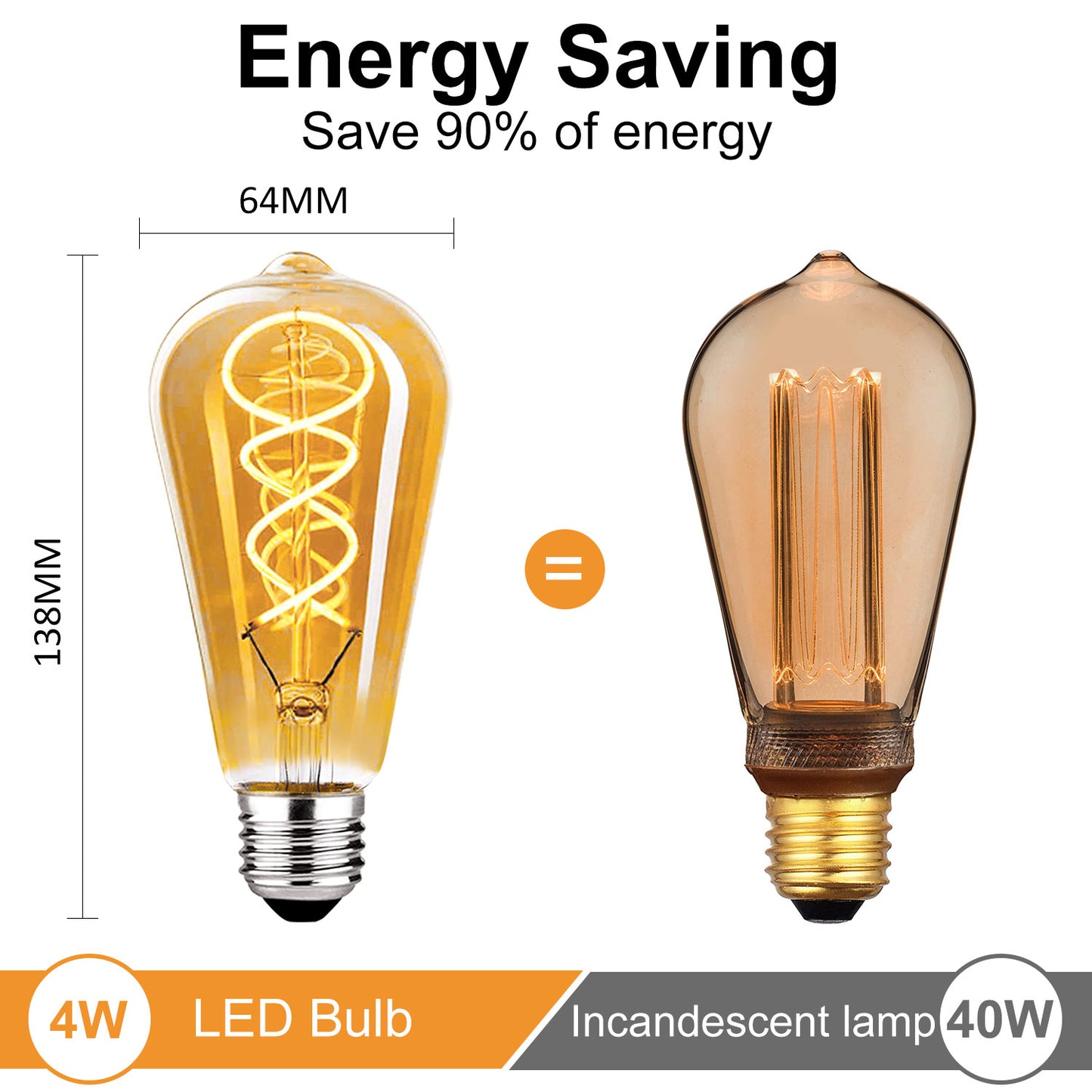 Edison Light Bulbs Dimmable 4W(40W Equivalent) - Warm White 2400K LED Vintage Light Bulbs,E26 Base,300LM, Antique Filament Amber Light Bulbs for Home,Cafe,Bar,Bedroom,6-Pack