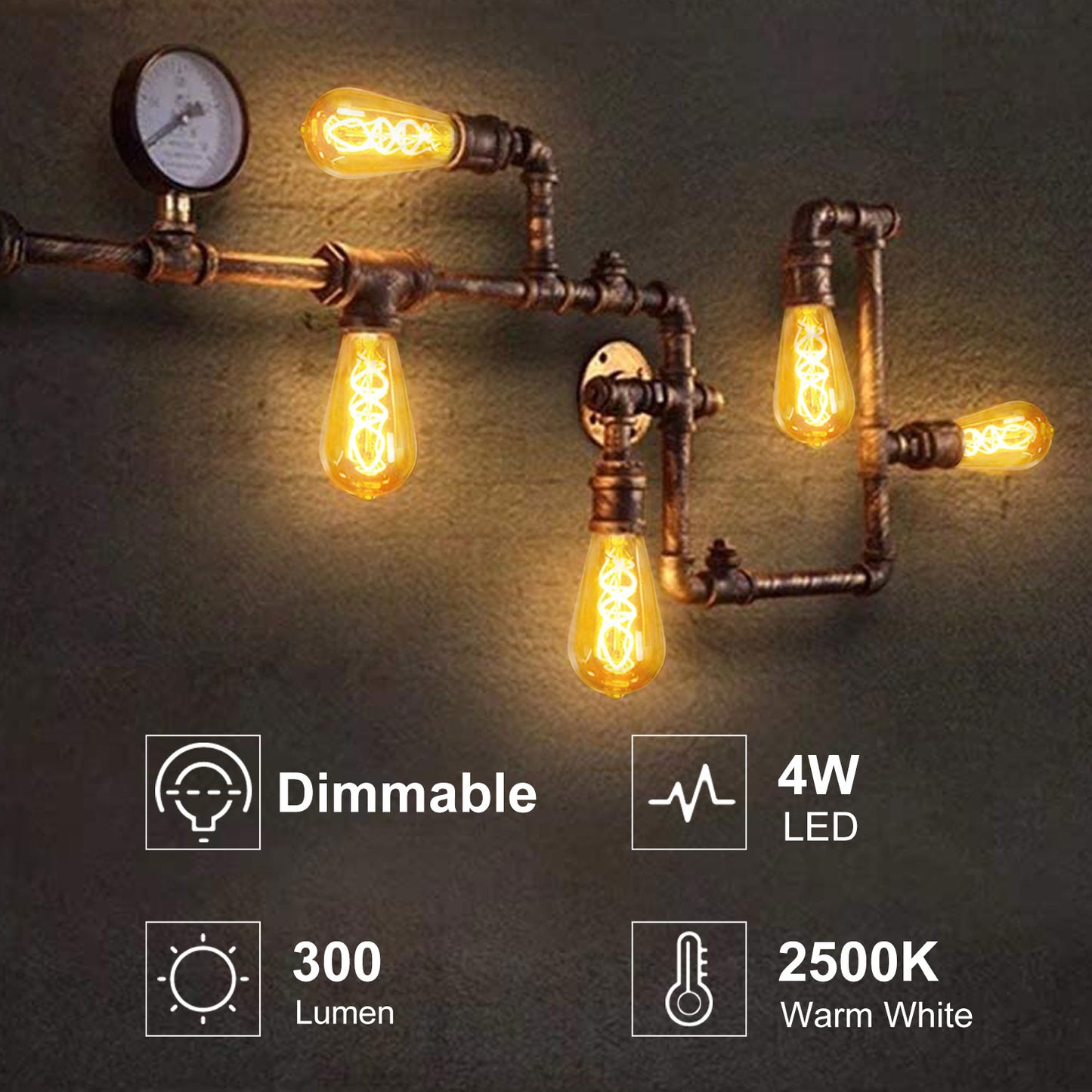Edison Light Bulbs Dimmable 4W(40W Equivalent) - Warm White 2400K LED Vintage Light Bulbs,E26 Base,300LM, Antique Filament Amber Light Bulbs for Home,Cafe,Bar,Bedroom,6-Pack