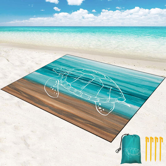 Roomrite Sandproof Beach Blanket 79"x110" Extra Large Beach Mat Waterproof Portable Quick Drying Lightweight with 4 Ground Stakes & Carry Bag for Beach Camping Picnic Hiking - Turtle
