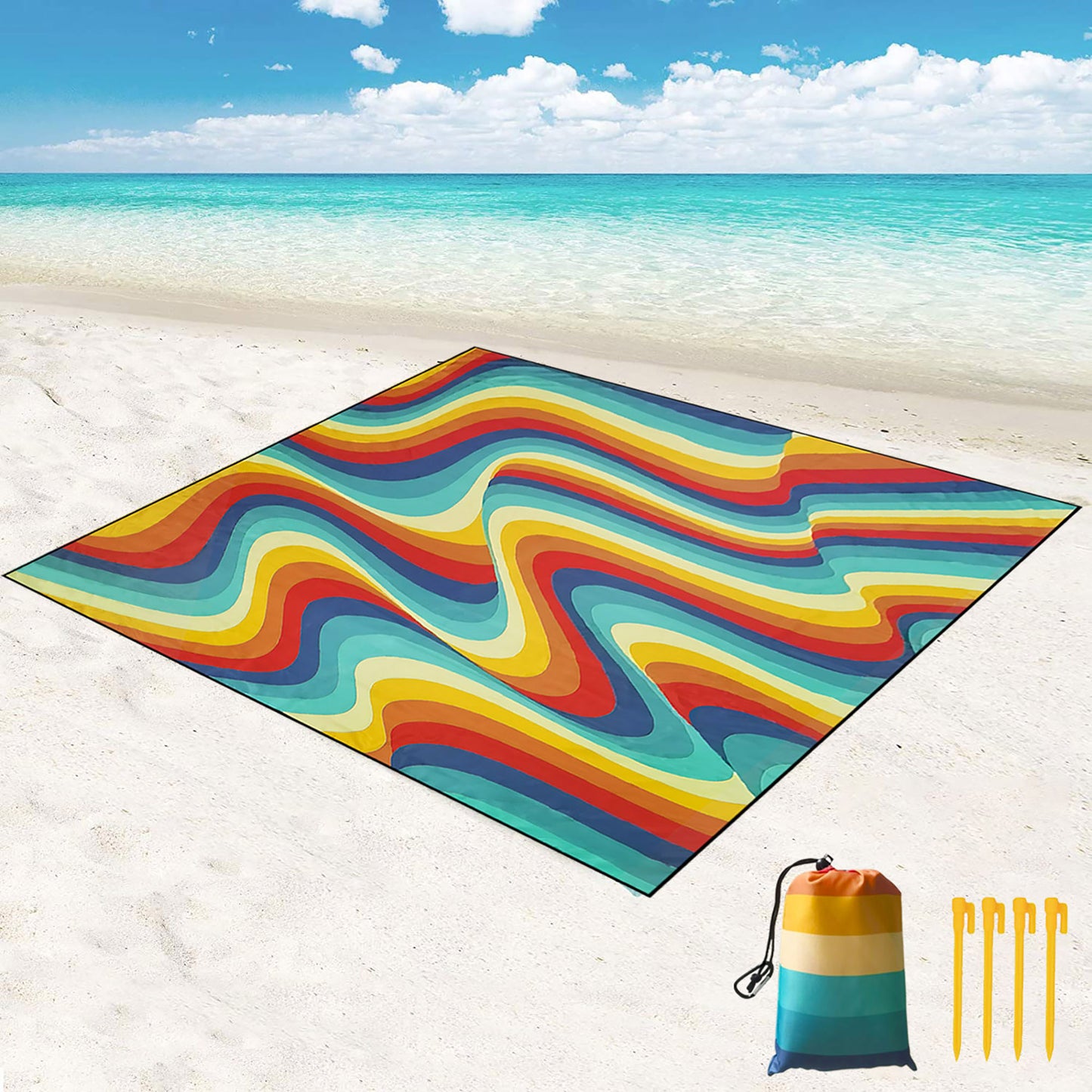 Roomrite Sand Free Beach Blanket 79"x110" - Extra Large Beach Mat Waterproof Sandproof Portable Quick Drying Lightweight with 4 Ground Stakes & Carry Bag for Beach Camping Picnic Hiking