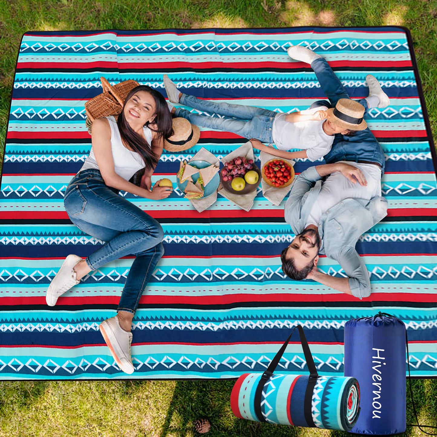 Picnic Blanket Waterproof, 78.7" x 78.7" Extra Large Picnic Blanket Sandproof Foldable with Carry Bag & Adjustable Strap, 3-Layer Outdoor blanket for Beach Camping Travel Family