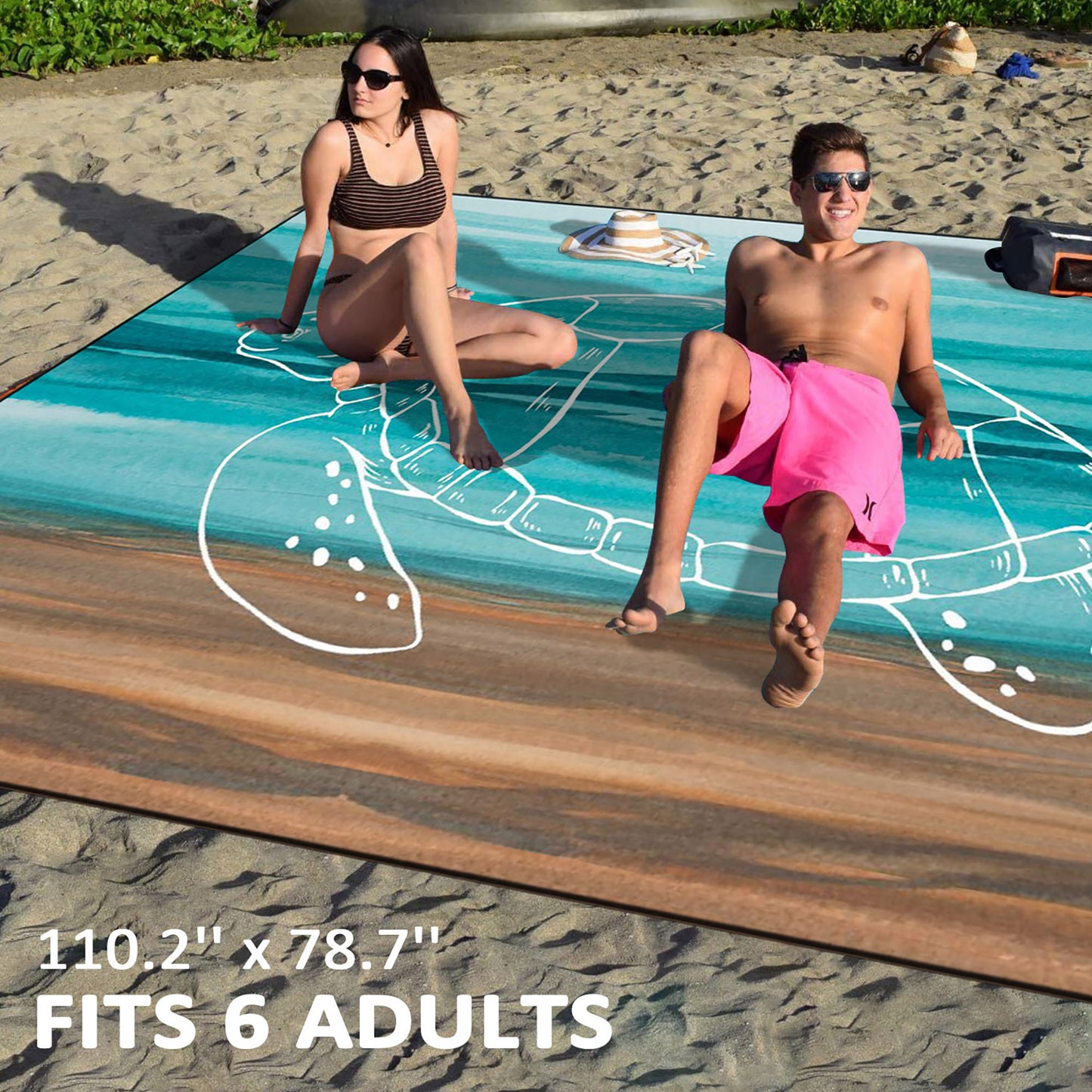 Roomrite Sandproof Beach Blanket 79"x110" Extra Large Beach Mat Waterproof Portable Quick Drying Lightweight with 4 Ground Stakes & Carry Bag for Beach Camping Picnic Hiking - Turtle