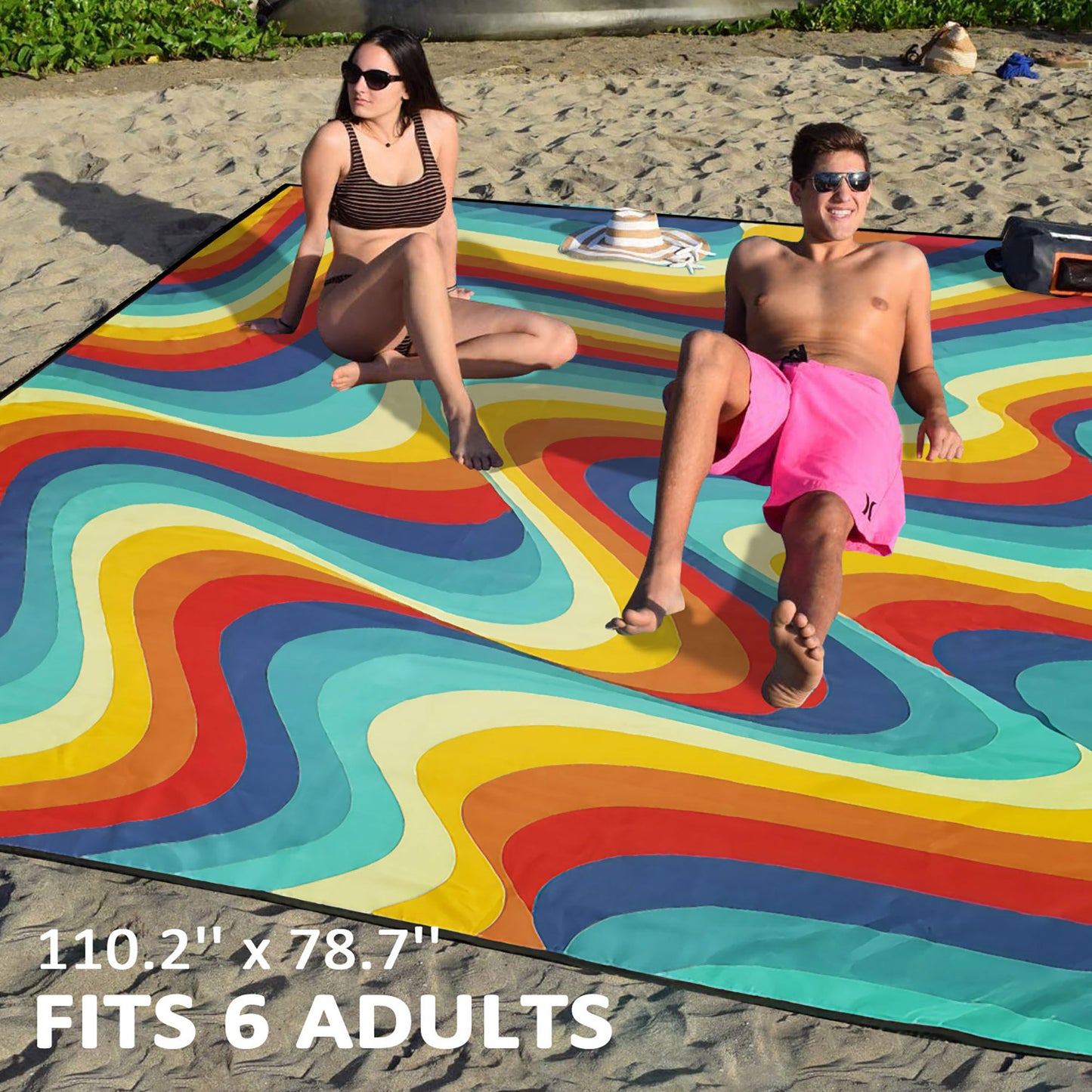 Roomrite Sand Free Beach Blanket 79"x110" - Extra Large Beach Mat Waterproof Sandproof Portable Quick Drying Lightweight with 4 Ground Stakes & Carry Bag for Beach Camping Picnic Hiking