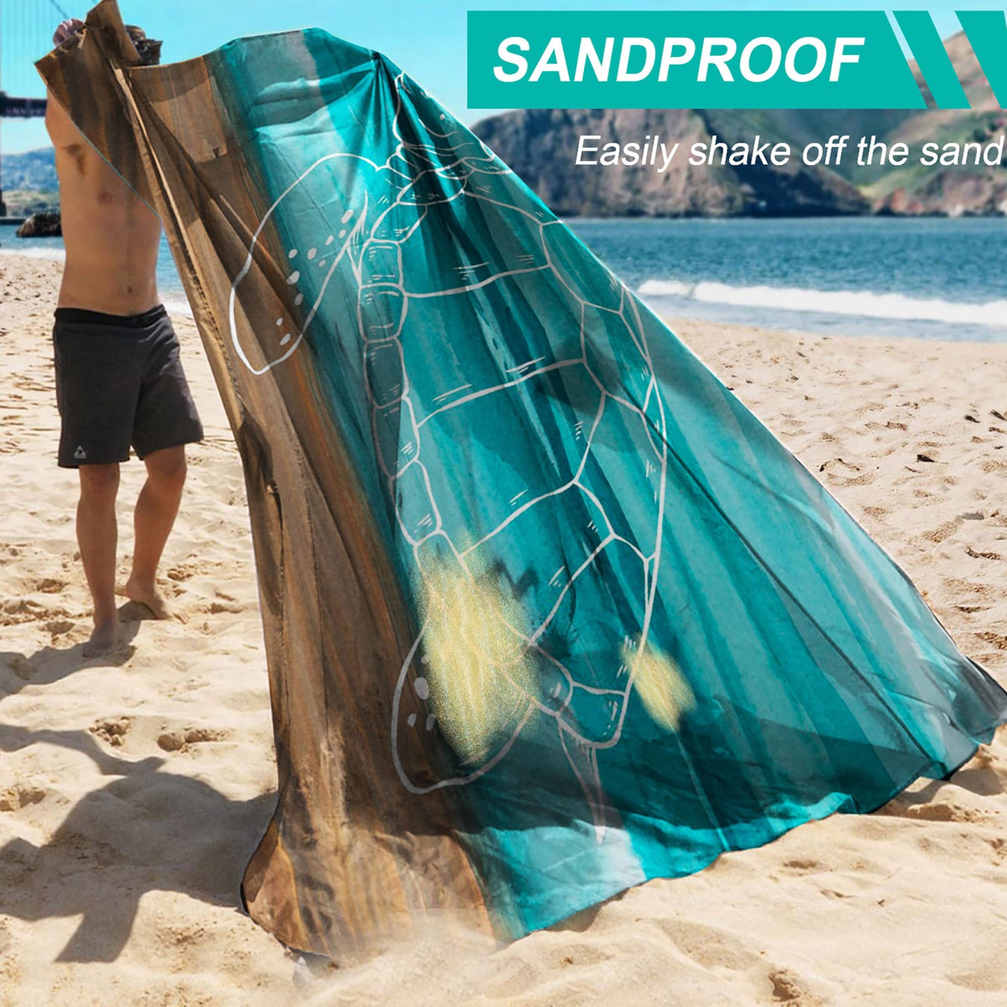 Roomrite Sandproof Beach Blanket 79"x110" Extra Large Beach Mat Waterproof Portable Quick Drying Lightweight with 4 Ground Stakes & Carry Bag for Beach Camping Picnic Hiking - Turtle
