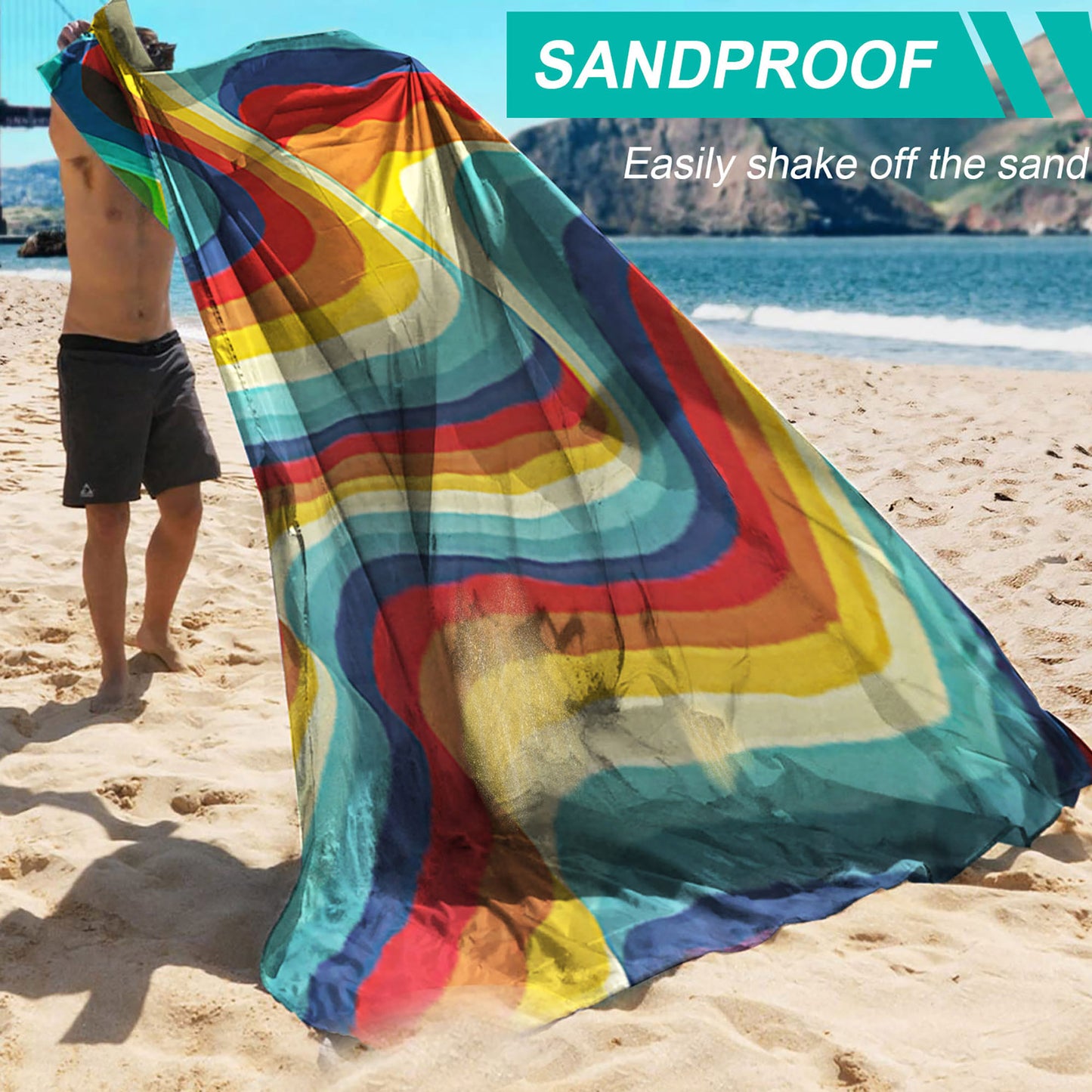Roomrite Sand Free Beach Blanket 79"x110" - Extra Large Beach Mat Waterproof Sandproof Portable Quick Drying Lightweight with 4 Ground Stakes & Carry Bag for Beach Camping Picnic Hiking