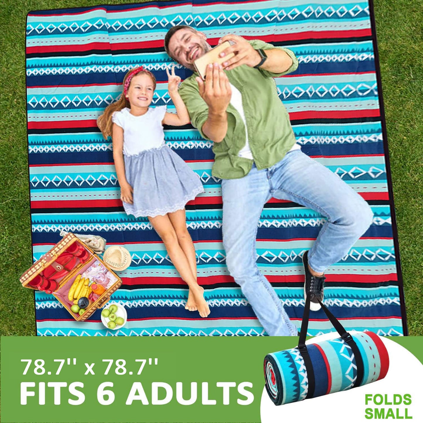 Picnic Blanket Waterproof, 78.7" x 78.7" Extra Large Picnic Blanket Sandproof Foldable with Carry Bag & Adjustable Strap, 3-Layer Outdoor blanket for Beach Camping Travel Family