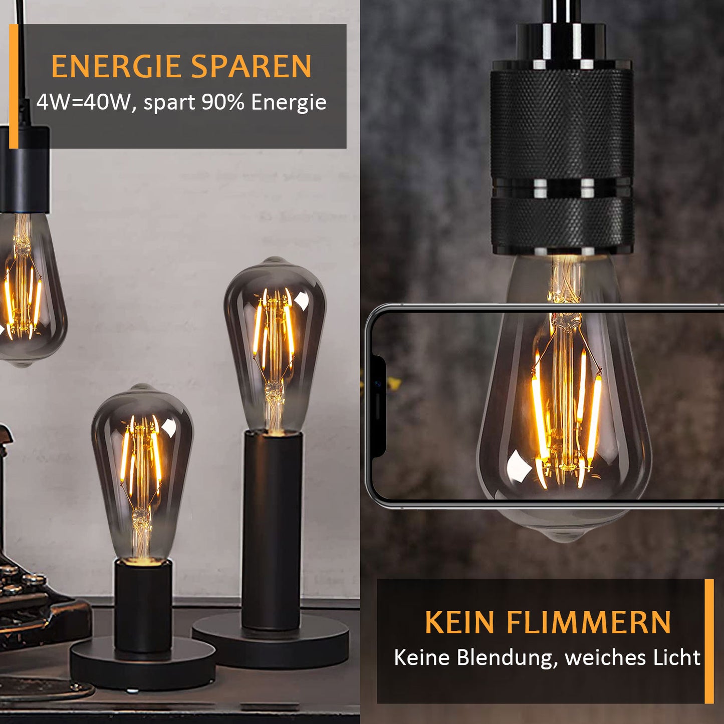 Roomrite LED Vintage Light Bulb, Edison Bulbs 4W (40W Equivalent) ST19 Warm Light Bulbs 2400K 300LM E26 Base,Non-Dimmable,Smoky-Gray Glass - 4 Pack