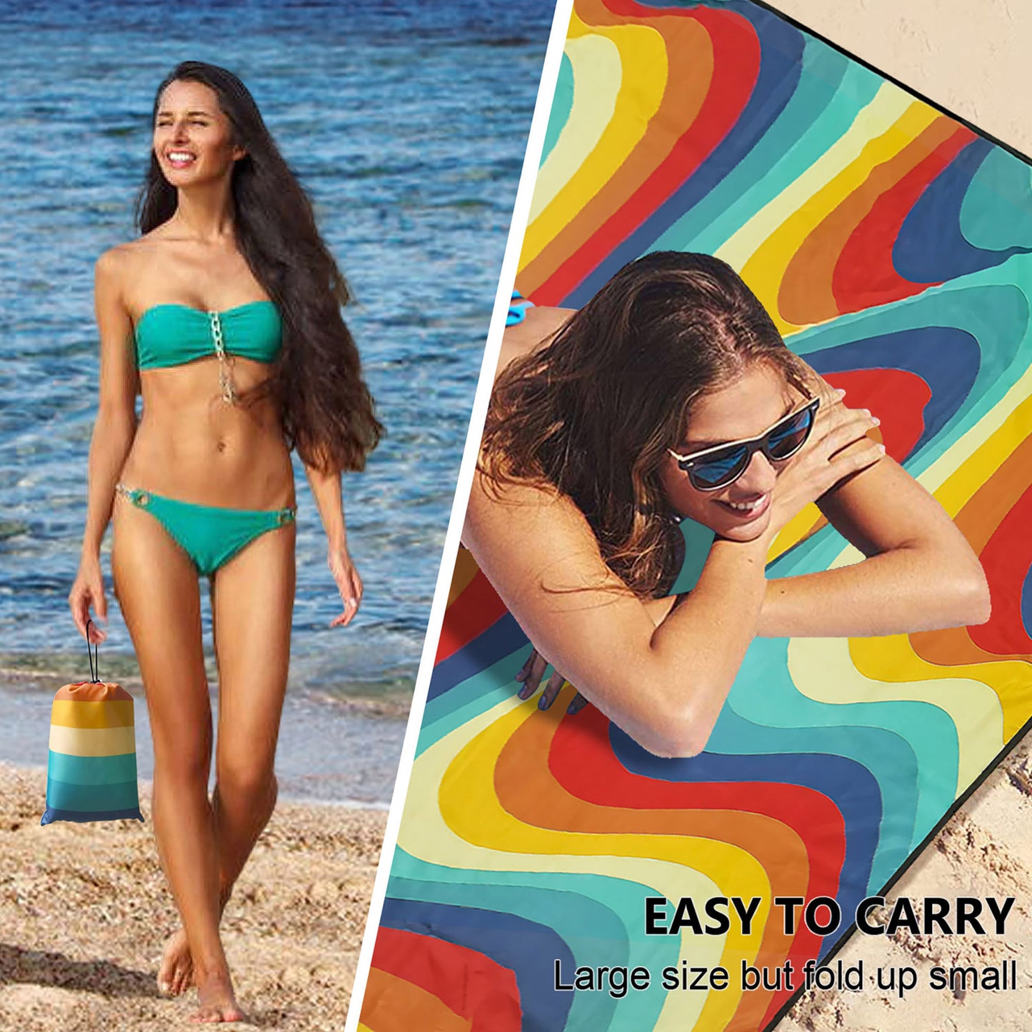 Roomrite Sand Free Beach Blanket 79"x110" - Extra Large Beach Mat Waterproof Sandproof Portable Quick Drying Lightweight with 4 Ground Stakes & Carry Bag for Beach Camping Picnic Hiking