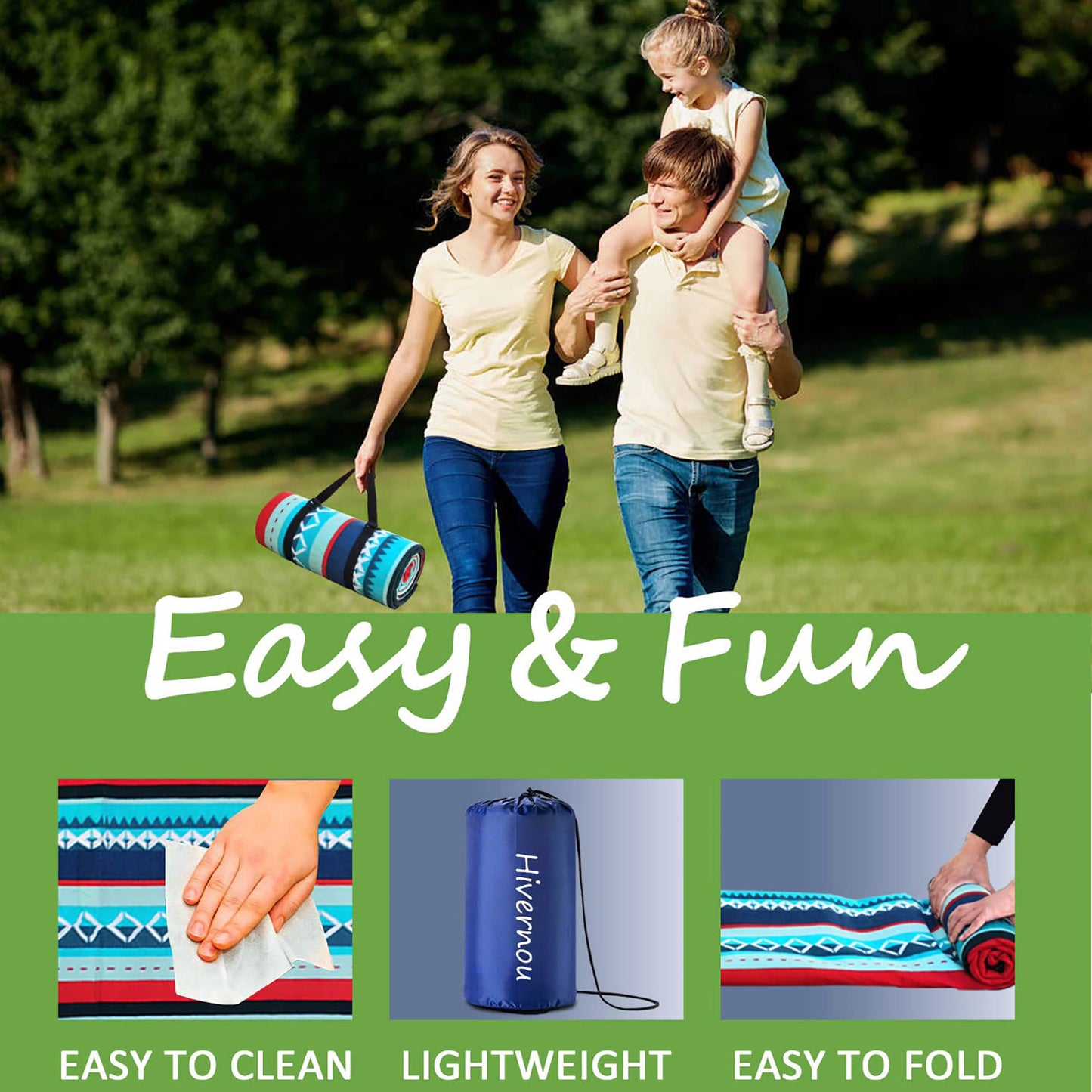 Picnic Blanket Waterproof, 78.7" x 78.7" Extra Large Picnic Blanket Sandproof Foldable with Carry Bag & Adjustable Strap, 3-Layer Outdoor blanket for Beach Camping Travel Family