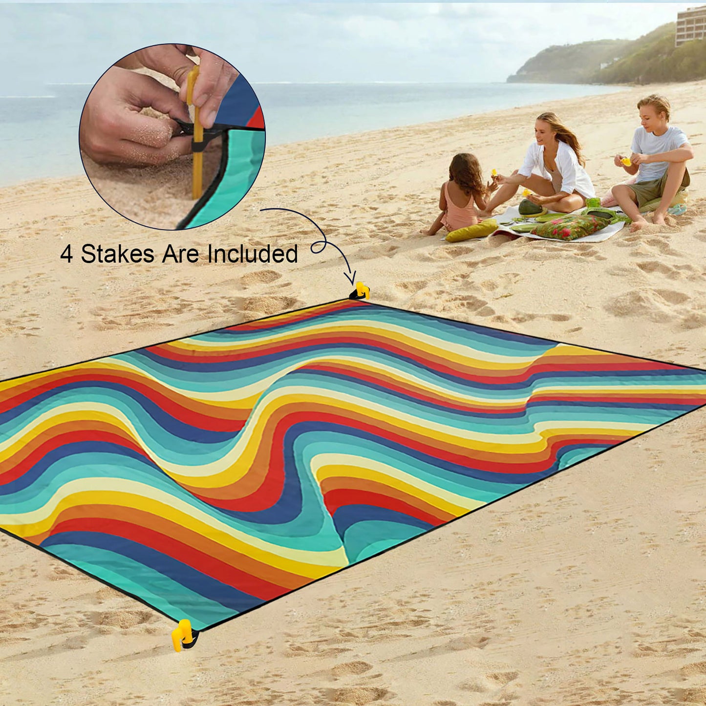 Roomrite Sand Free Beach Blanket 79"x110" - Extra Large Beach Mat Waterproof Sandproof Portable Quick Drying Lightweight with 4 Ground Stakes & Carry Bag for Beach Camping Picnic Hiking