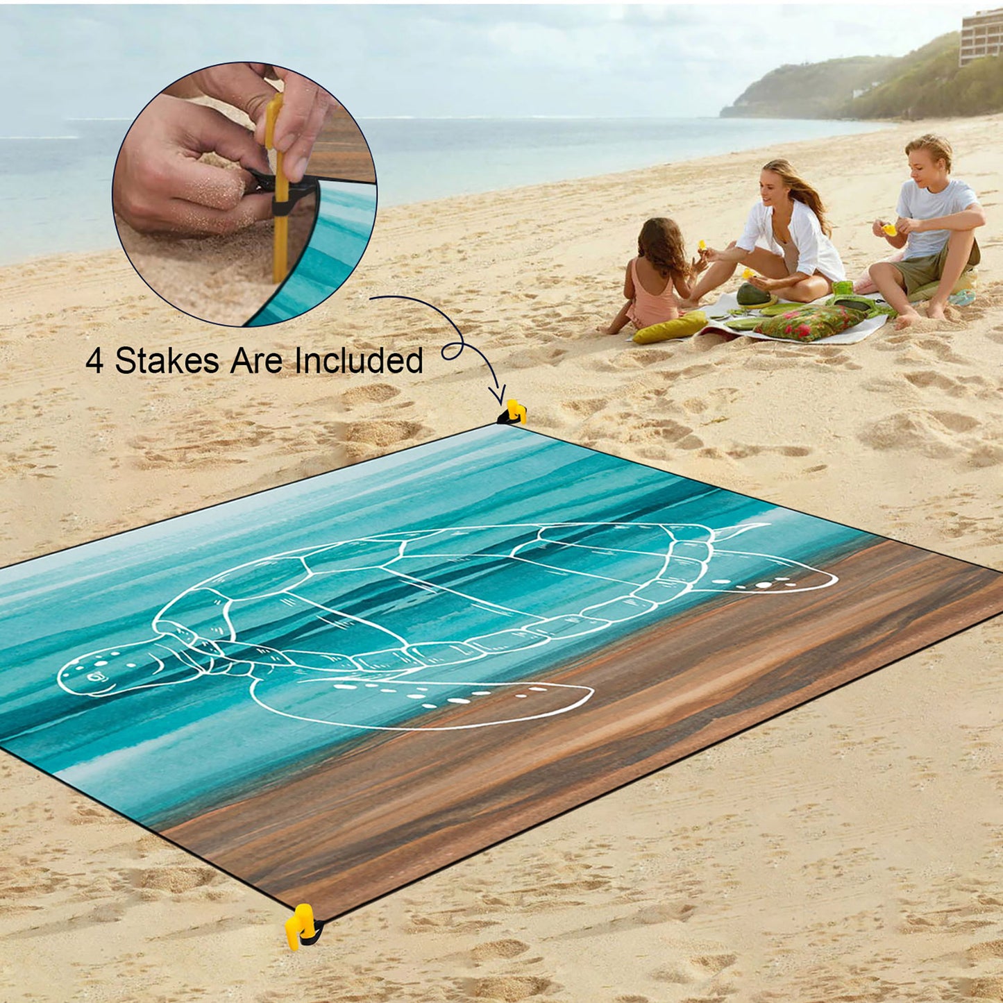 Roomrite Sandproof Beach Blanket 79"x110" Extra Large Beach Mat Waterproof Portable Quick Drying Lightweight with 4 Ground Stakes & Carry Bag for Beach Camping Picnic Hiking - Turtle