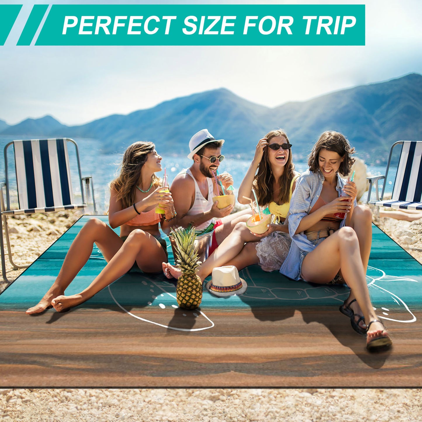 Roomrite Sandproof Beach Blanket 79"x110" Extra Large Beach Mat Waterproof Portable Quick Drying Lightweight with 4 Ground Stakes & Carry Bag for Beach Camping Picnic Hiking - Turtle