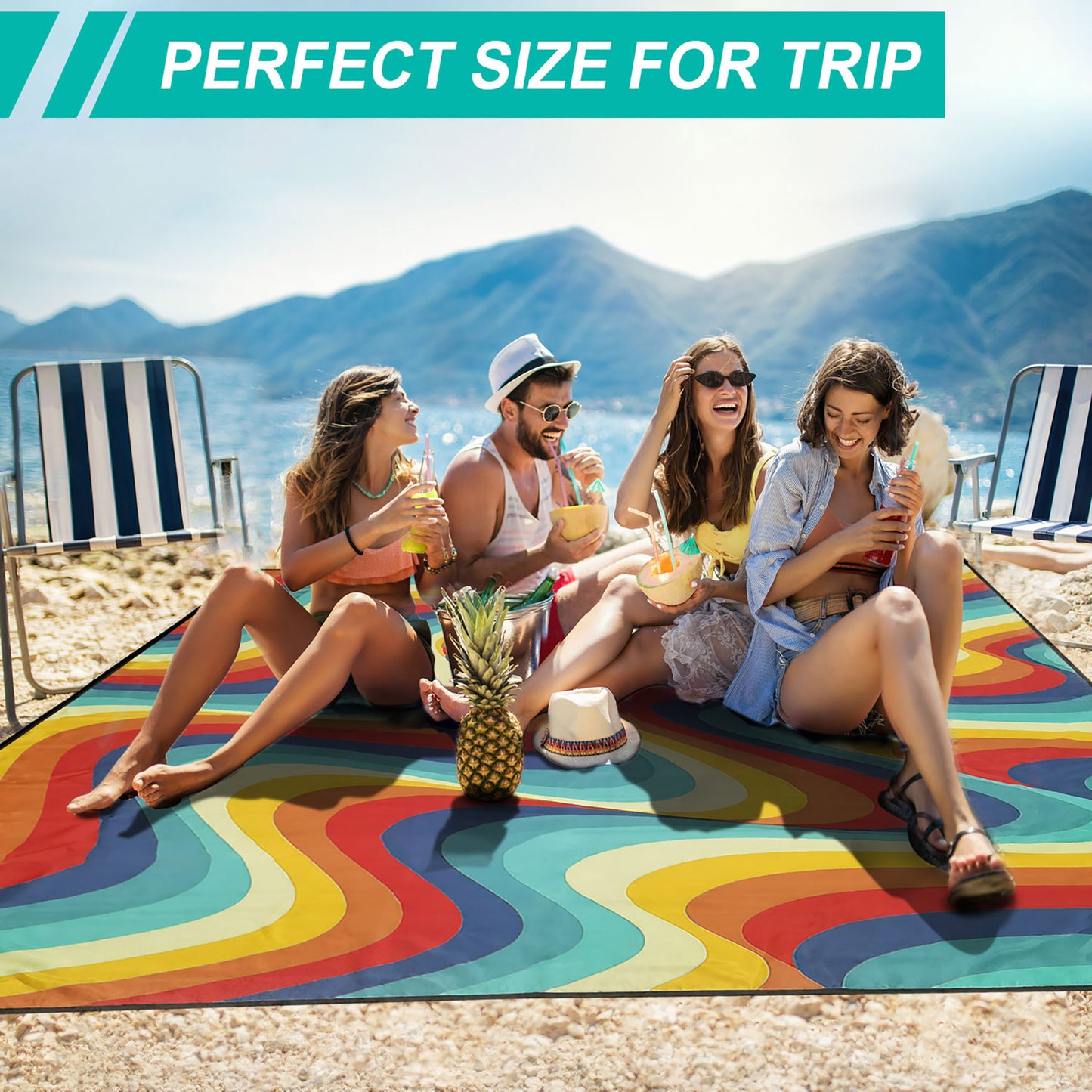 Roomrite Sand Free Beach Blanket 79"x110" - Extra Large Beach Mat Waterproof Sandproof Portable Quick Drying Lightweight with 4 Ground Stakes & Carry Bag for Beach Camping Picnic Hiking