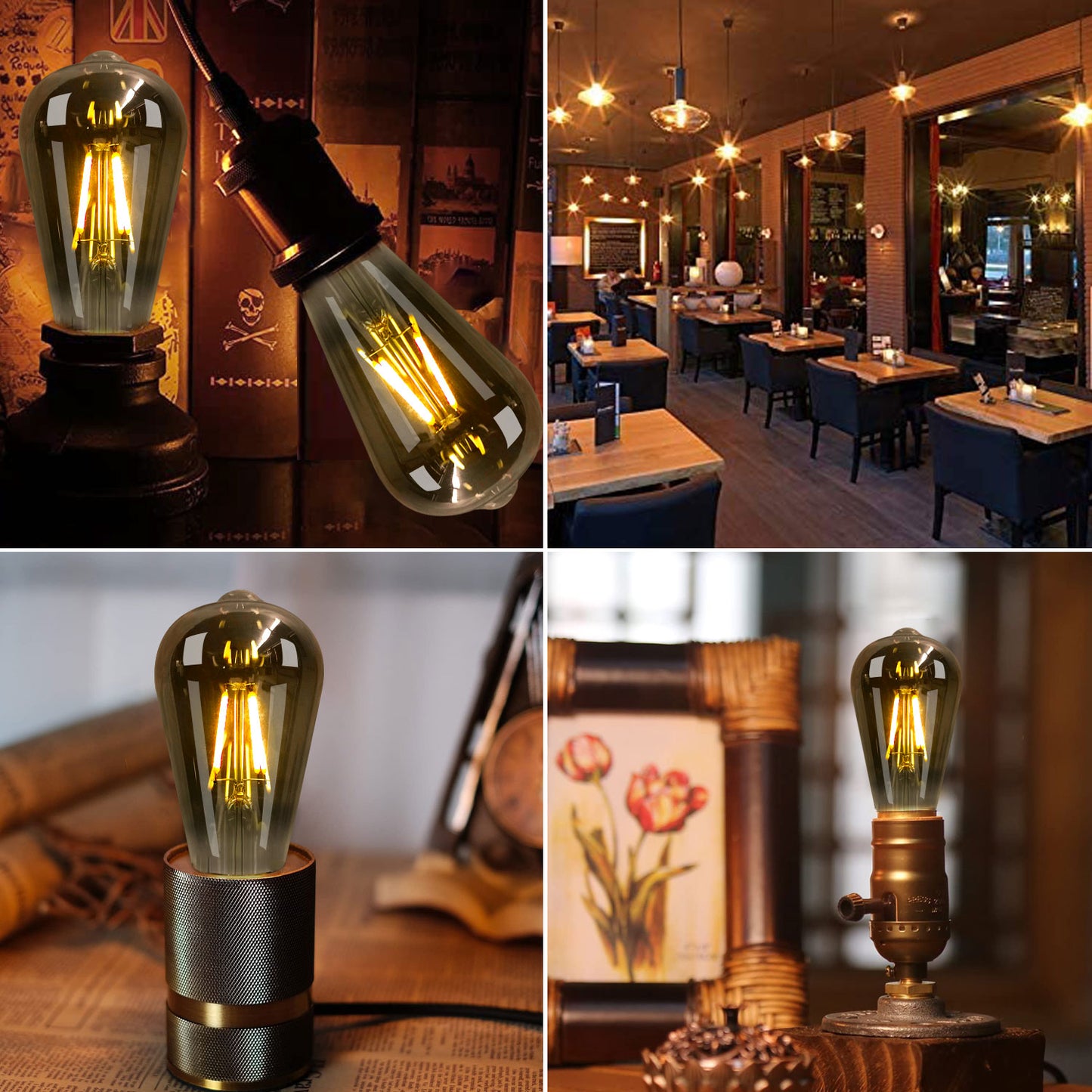 Roomrite LED Vintage Light Bulb, Edison Bulbs 4W (40W Equivalent) ST19 Warm Light Bulbs 2400K 300LM E26 Base,Non-Dimmable,Smoky-Gray Glass - 4 Pack